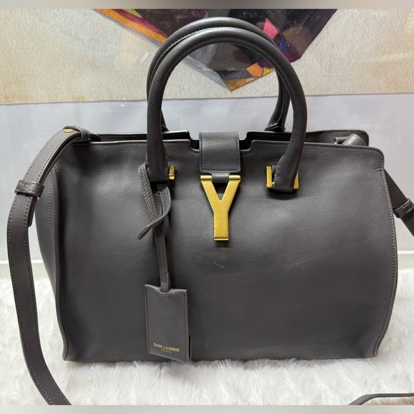 Yves Saint Laurent Black Leather 'Y' Satchel with Gold Hardware
